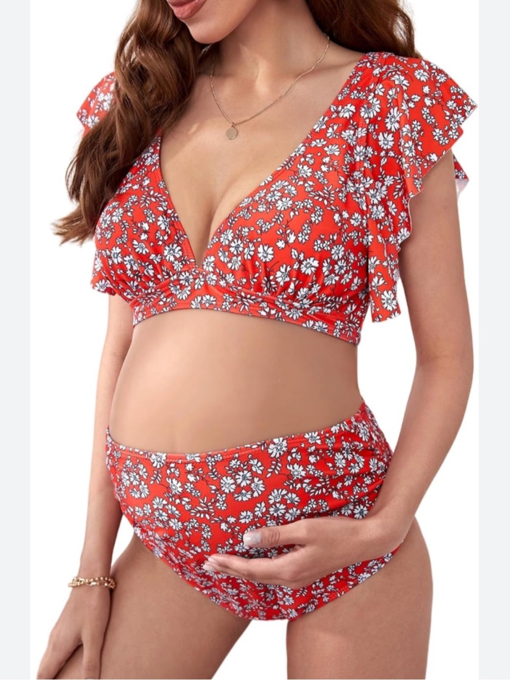Red Floral Maternity Bikini Set 8